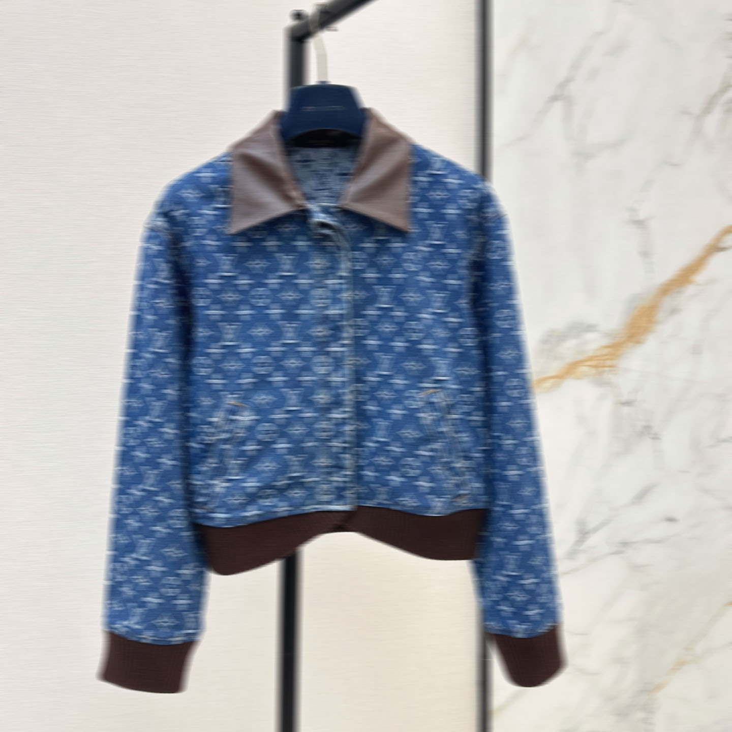 Monogram Denim Jacket Blue Luxury Women Contrast Leather Collar Zip Up Motorsport Edit S-XL
