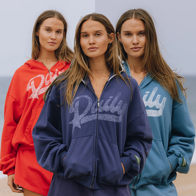 DAILY DRILLS 26AW Niche Designer Cotton Hoodie Zip Up Cardigan Sweatshirt New Classic Letter Print Loose Fit Crew Neck Women Casual Versatile Pullov