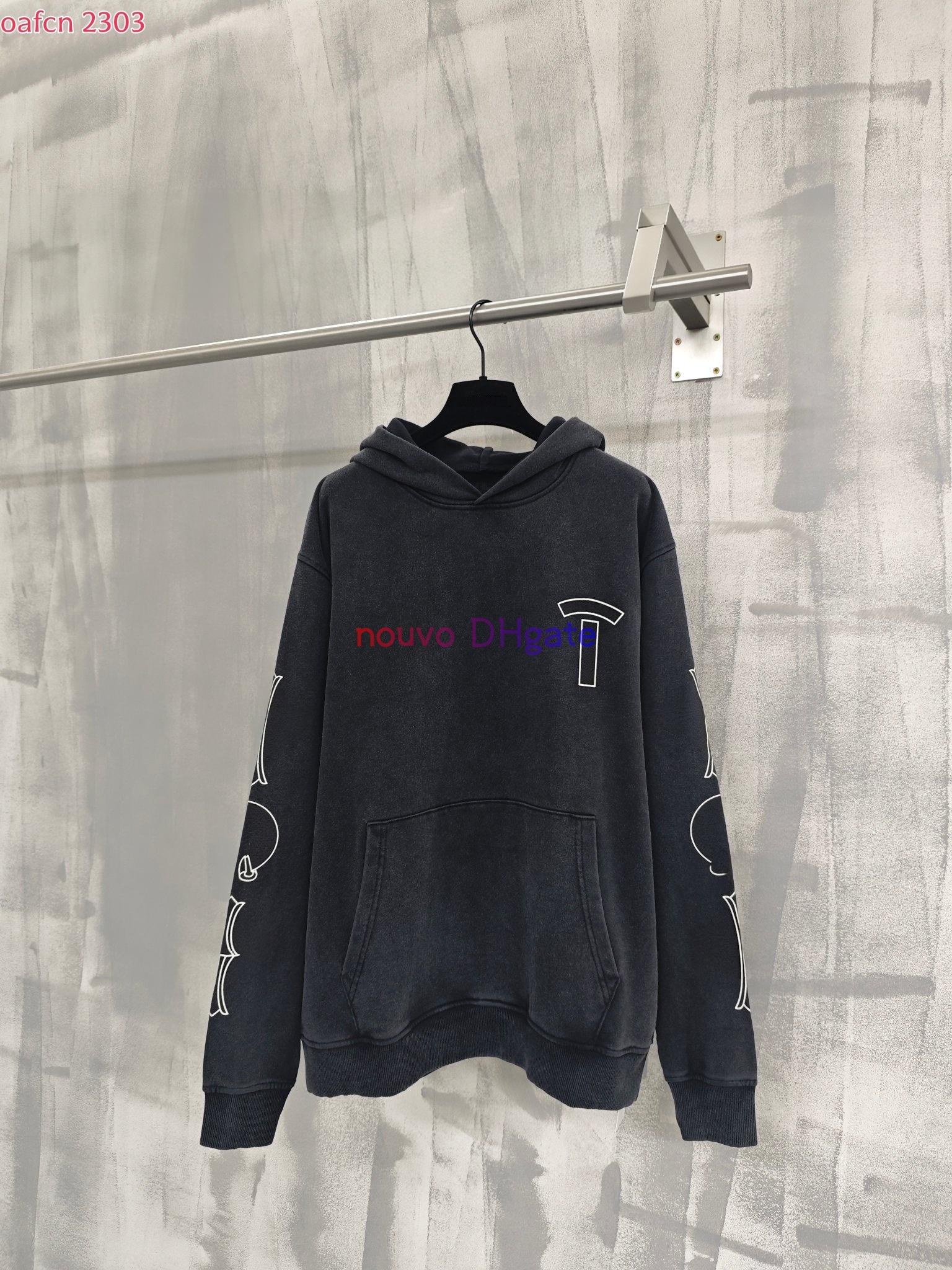 2026 Fall Mens Designer Luxury Vintage Washed Black Hoodie 100 Percent Cotton Oversized Fit Crack Print Streetwear Hooded Sweatshirt With Front Kang