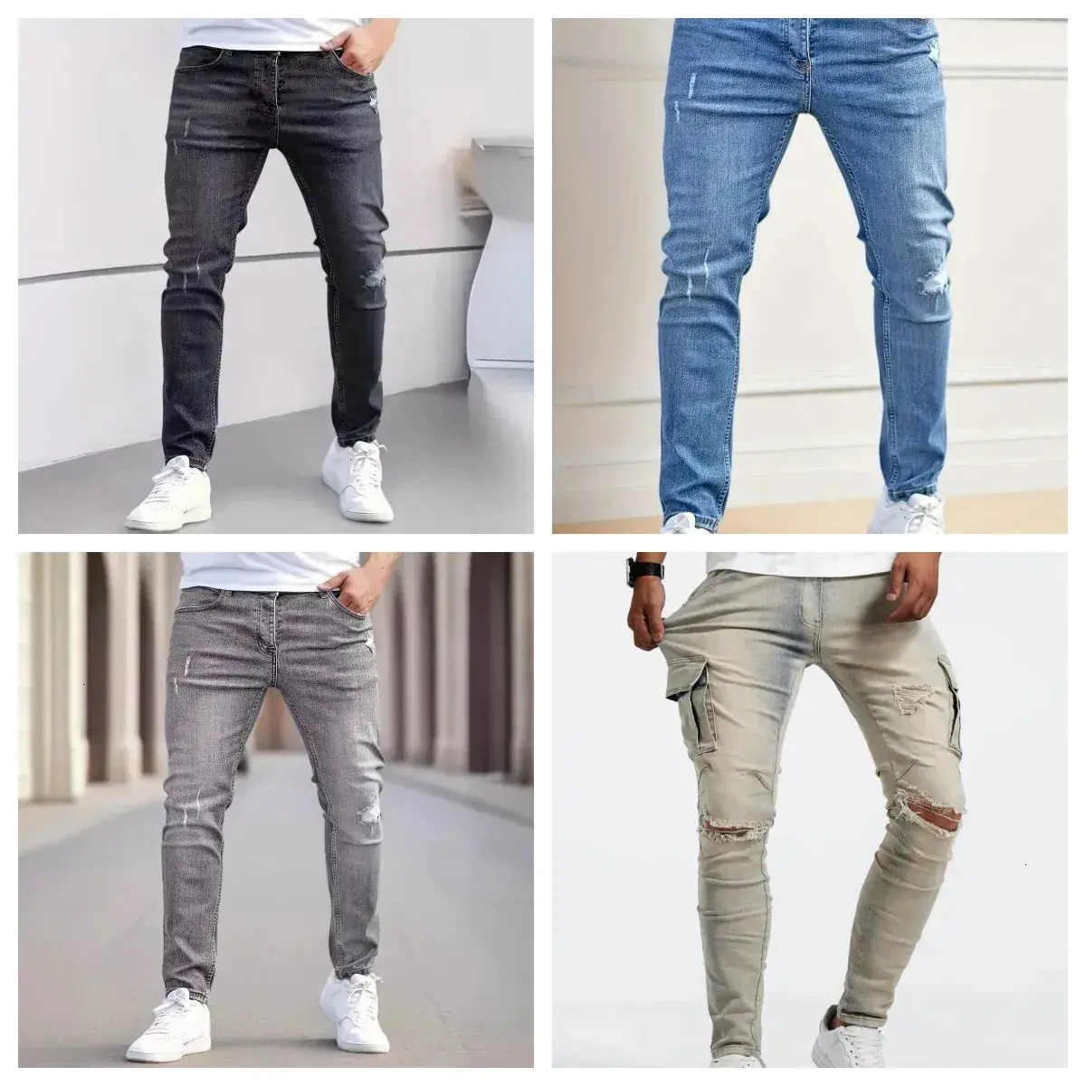 Men Jeans Mens Elastic Slim Fit Pants Street Wear Classic trousers Ripped Cat Whiskers Casual Tight Zipper Denim Clothing Black Bl