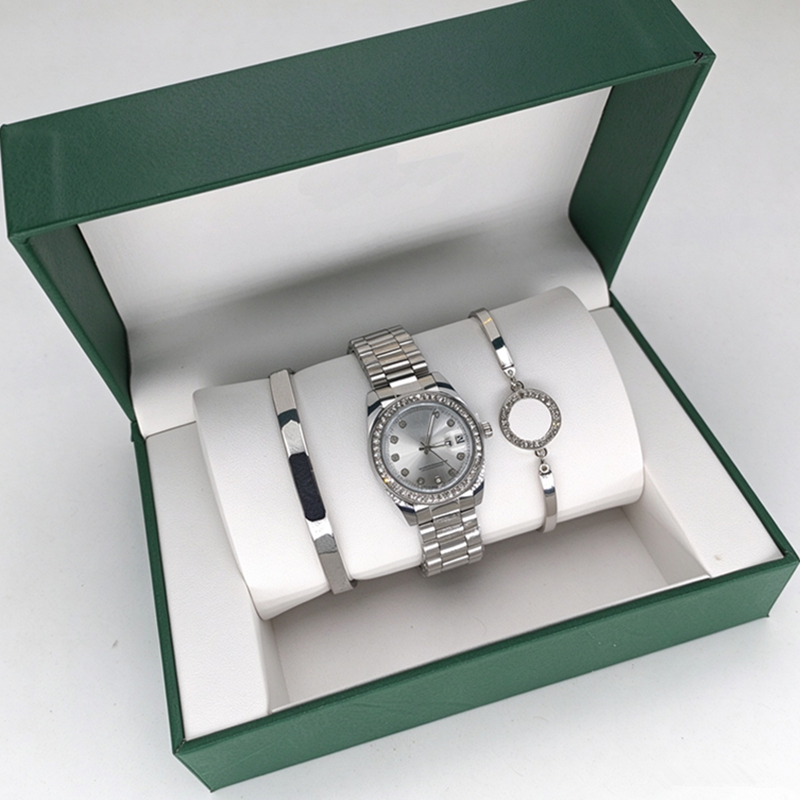 3-piece Set Luxury Women Rhinestone Quartz Watch Set Gold Alloy Wrist Watch With 2 Bracelets Gift Box Reloj Ladies Calendar Fashion Wristwatch