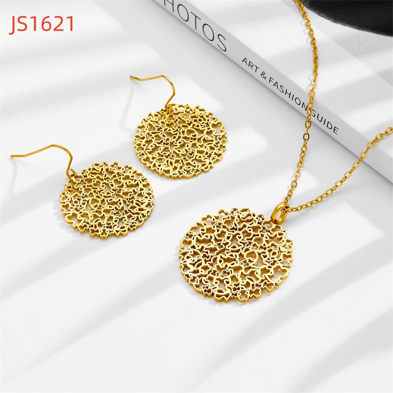 Mode femmes argent or acier inoxydable ours noir lettre goutte huile ronde creuse pendentif boucles d'oreilles ensembles bijoux