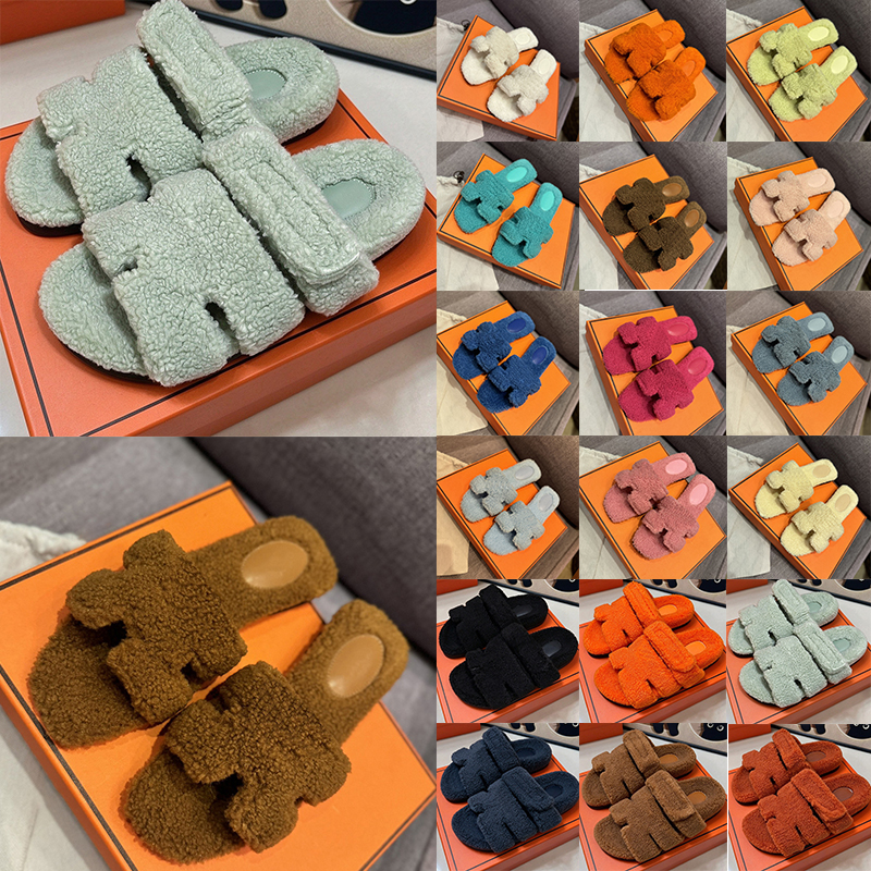 free shipping with box designer slippers platform lamb wool all-in-one warm velcro casual flat thick-soled furry slippers womens girl size 35-42 Out