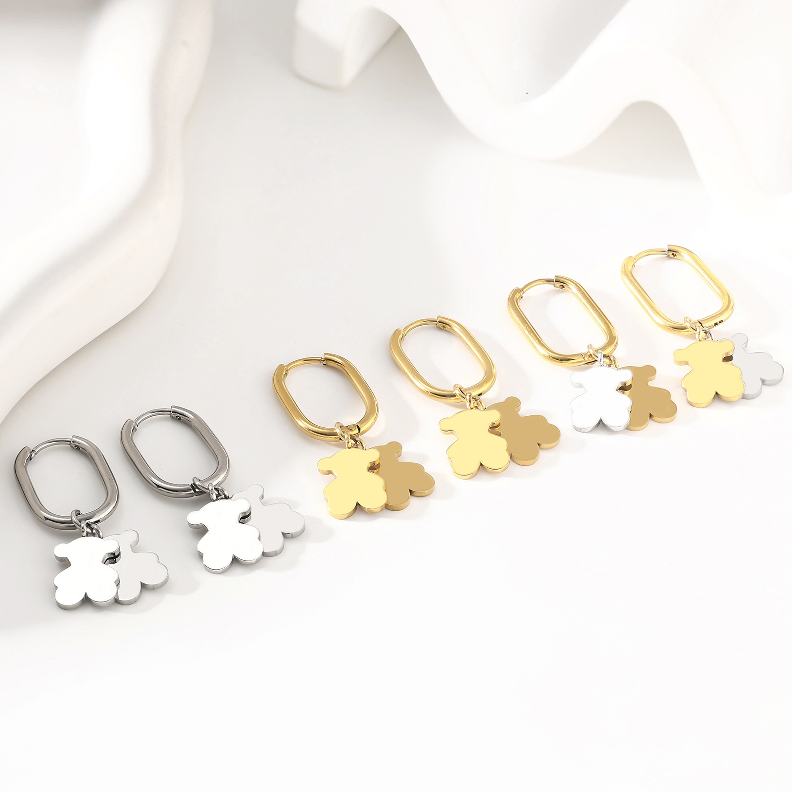Mode chaude femmes filles ours argent or acier inoxydable noir verre cercle Ellipse Animal Span boucles d'oreilles bijoux