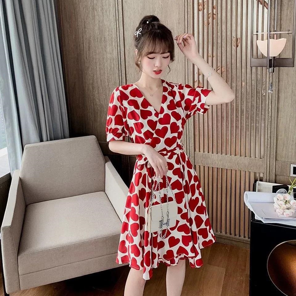 M0880 dress women's summer new V-neck thin and age-reducing love chiffon super fairy lace-up waist big swing A-shaped skirt