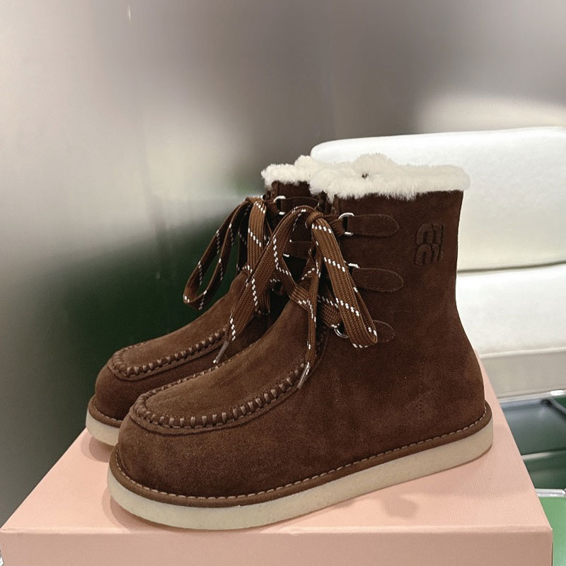 Ladies Suede Booties Womens Shearling Lining Snow Boot 5U769E Designer Laces Closure Ankle Boots Luxury Brand Flat Boot Round Head Fashion Rubber So