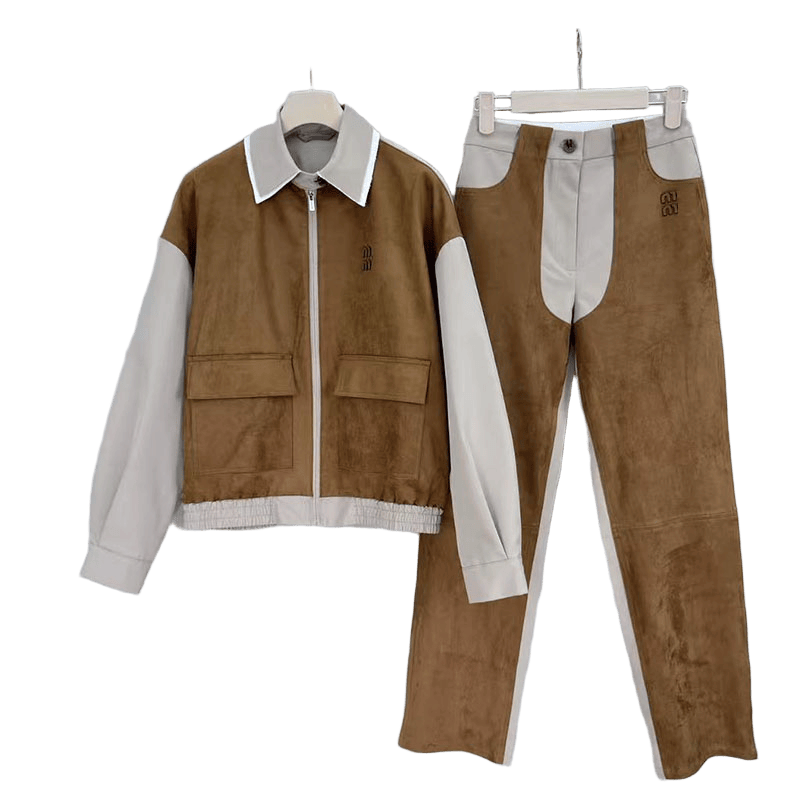 26SS designer autumn new fashion trend retro casual lapel brand letter jacquard high-quality pleated wide leg leather velvet splicing series women&#