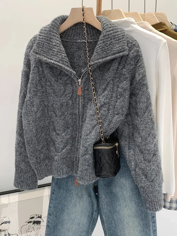 Retro Solid Double Zipper Turndown Collar Sweater Women Autumn Winter Lazy Style Loose Knitted Cardigan Thicken Tops 260929