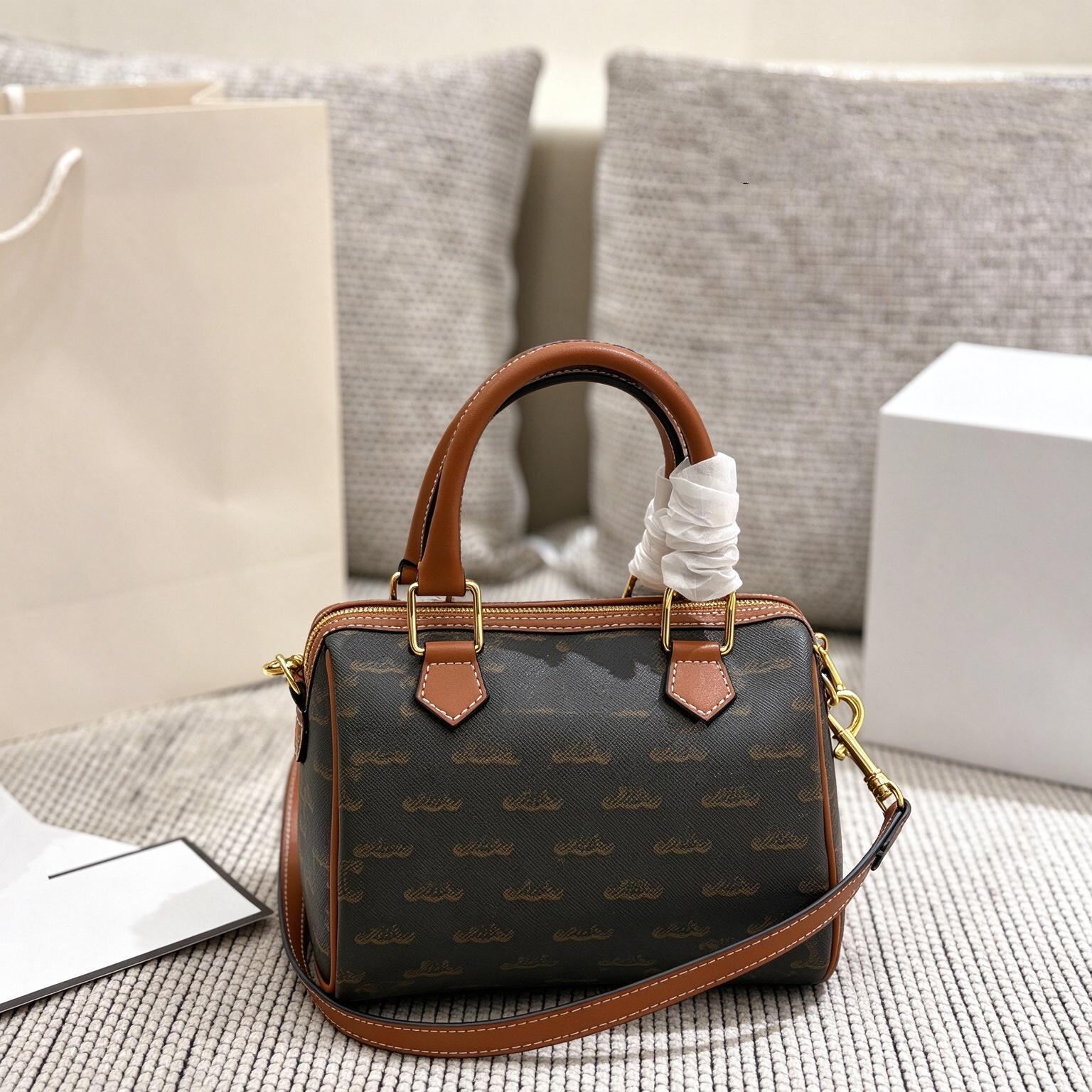 Women Boston Handbag Mini Top Handle Bag Crossbody Purse Vintage Printed Leather Trim with detachable Shoulder Strap retro satchel Bag Trendy Design