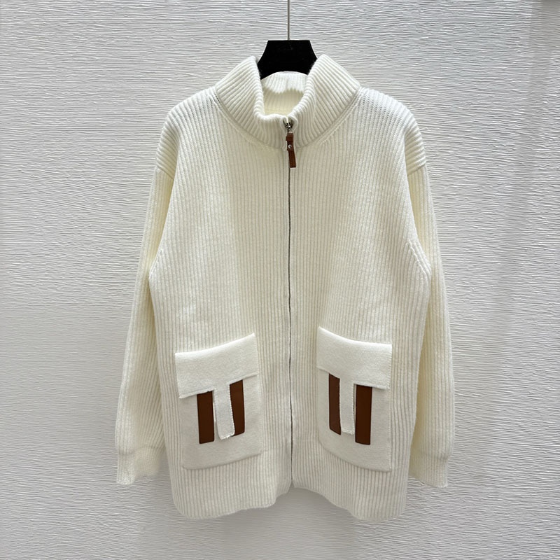 Cardigan de luxe en laine pour femmes, pull de styliste, couleur contrastée, fermeture éclair, manteau tricoté, décontracté, Style de rue quotidi
