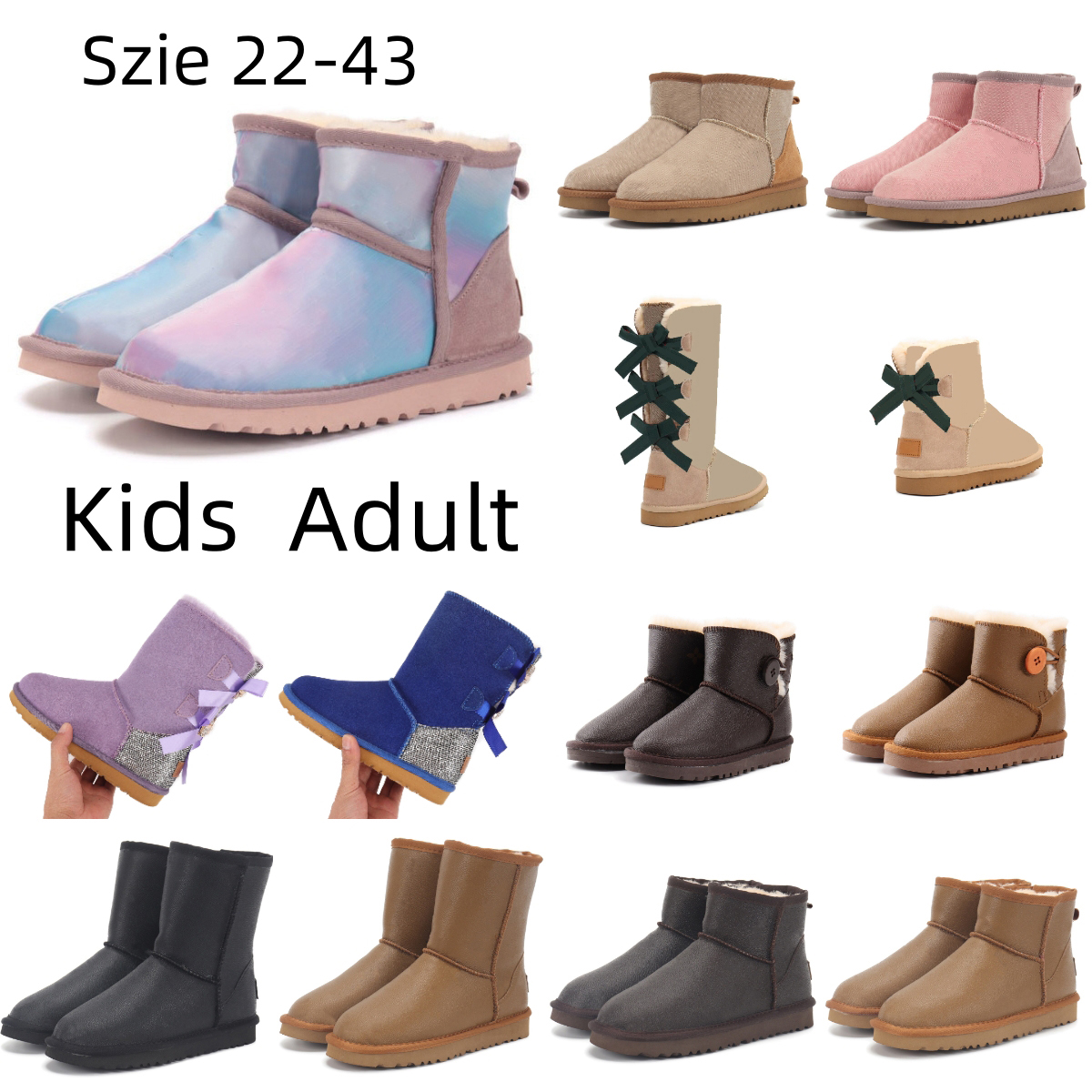 taille 22-46 adulte enfants garçon fille enfants pantoufles bottes en peau de mouton en peluche fourrure garder au chaud bottes avec carte sac à