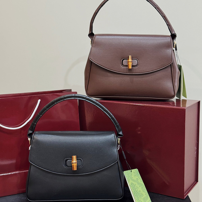 10A Fashionable New Bamboo Lock Handbag Vintage Top Handle Bag Women Leather Shoulder Purse Detachable Strap Crossbody Bag Retro Flap Handbag