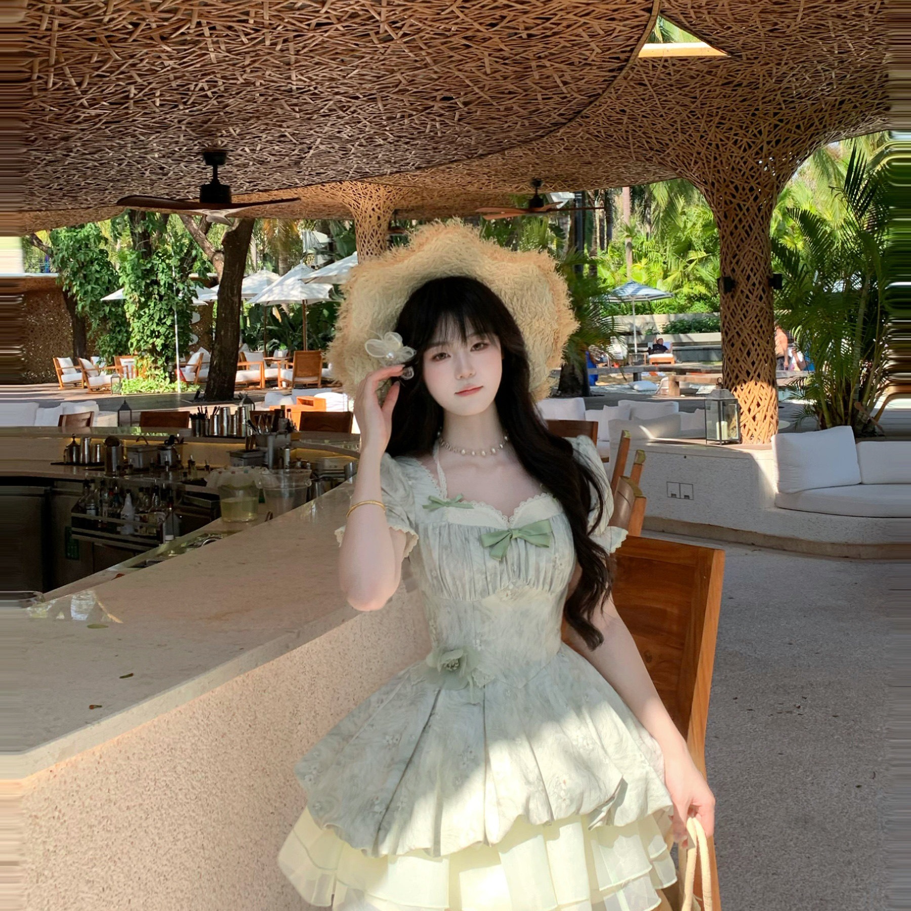 M0891 Sweet princess wind small fresh lace bubble sleeve jacquard waist dress women's summer new girl tutu