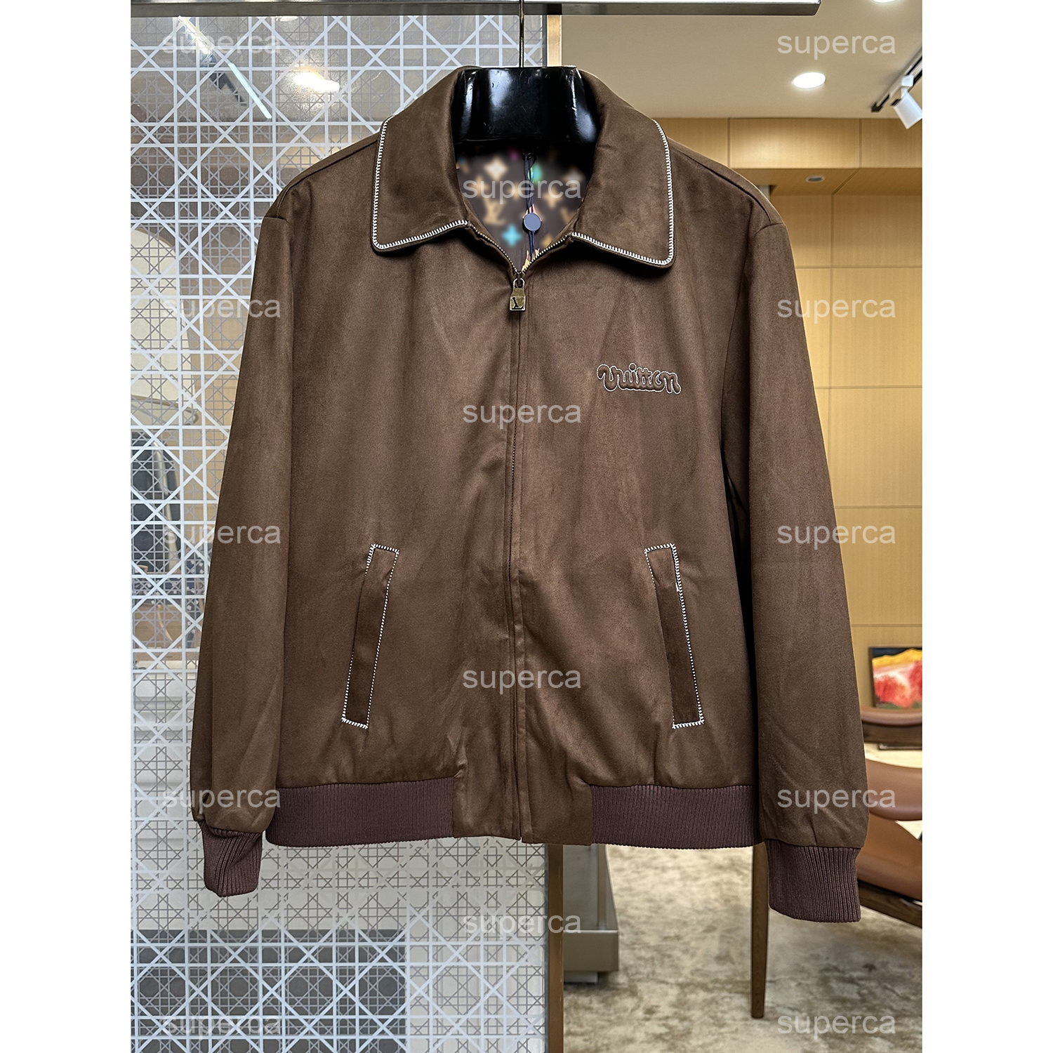 Luxury Designer Men Retro Lapel Zipper Jacket, Coffee Faux Suede Coat, Printed Lining Casual Outerwear 900g Heavyweight Men's Jacket
