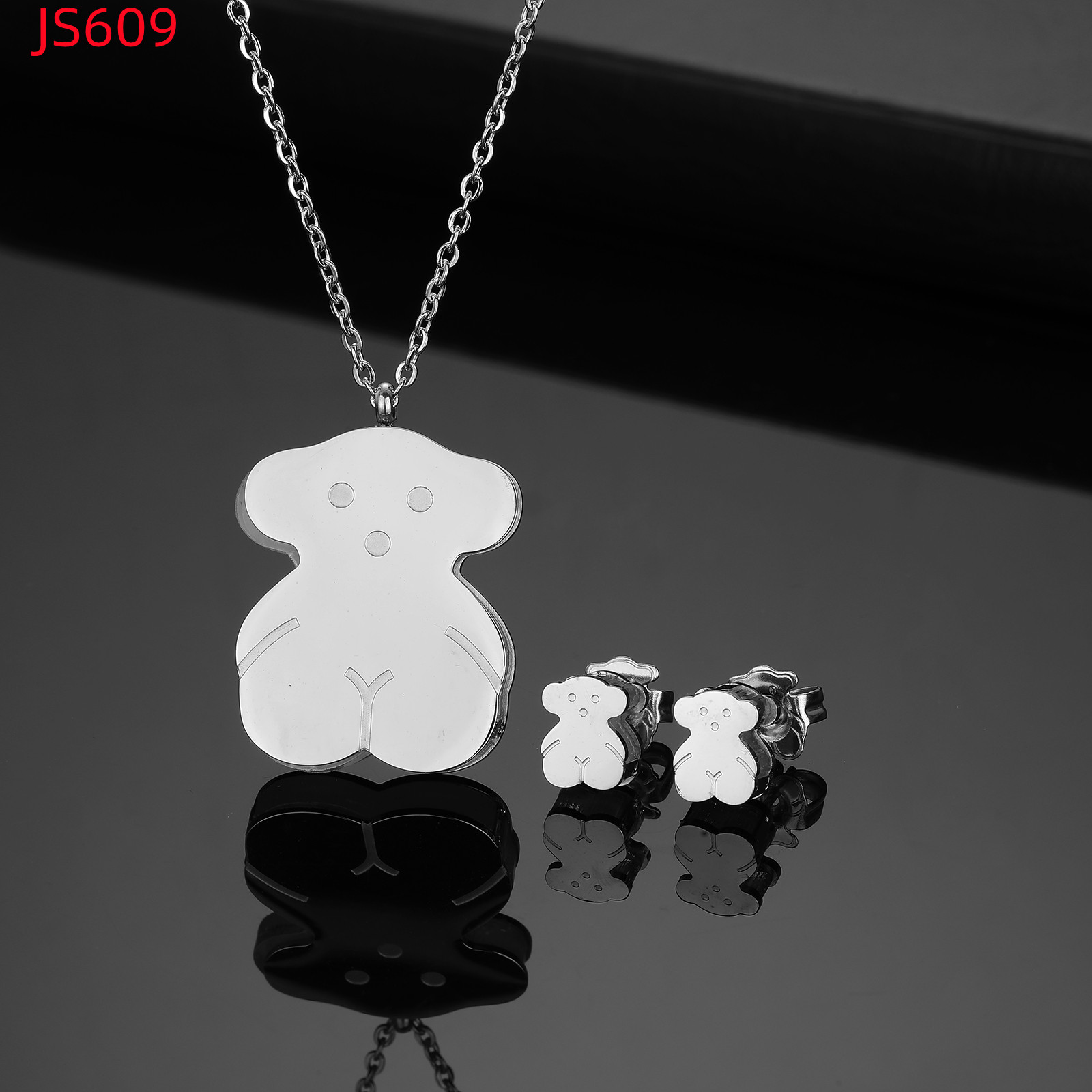 Mode femmes hommes argent or acier inoxydable ours dessin animé Animal portée Double verre pendentif collier boucles d'oreilles ensembles bijoux