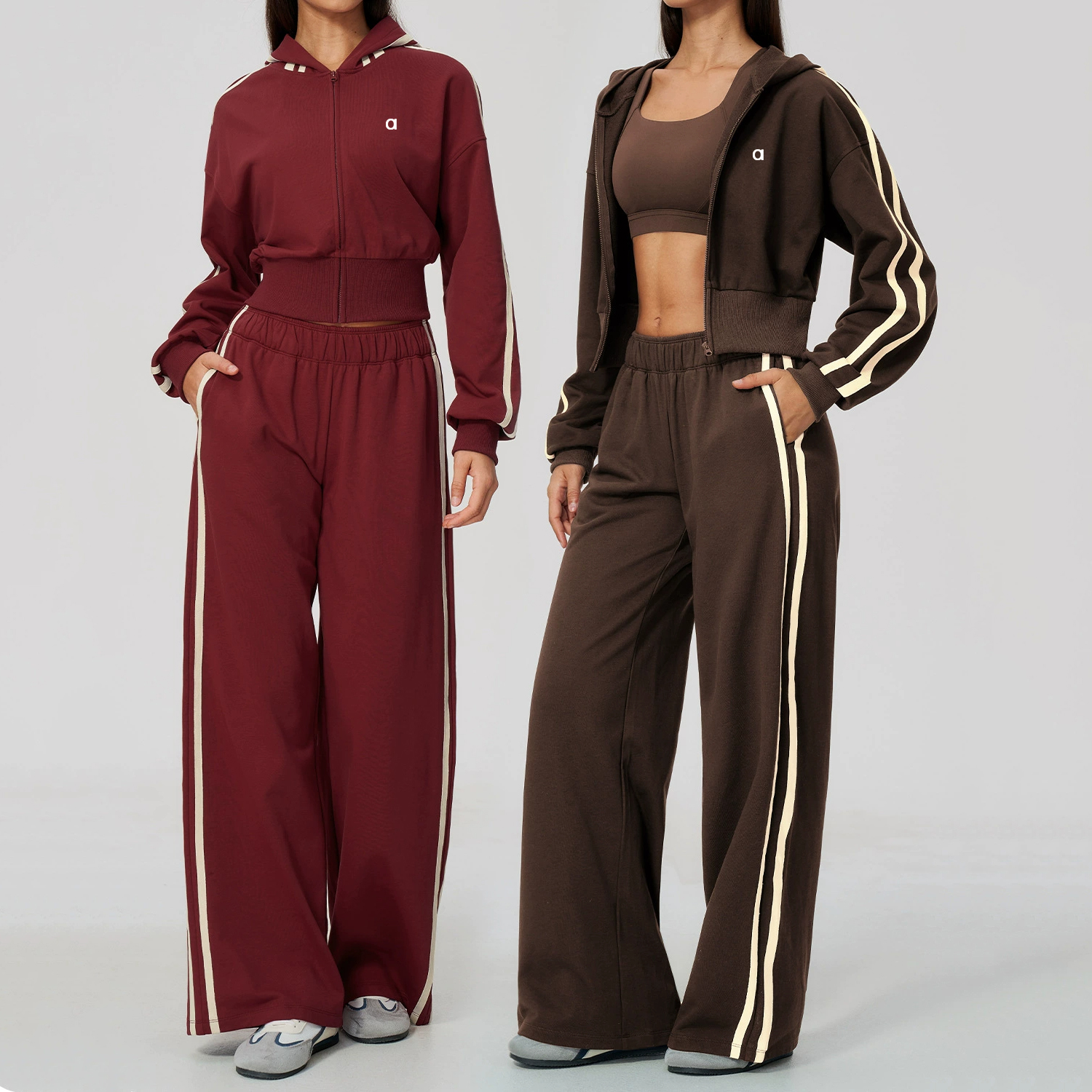 Aalloo New Women Loose Fit Warm Thickened Hooded Sweatshirt Jacket Color Blocked Wideleg Pants Sports Suit Set