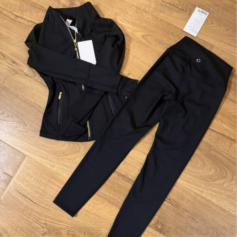 luluity lemonence definely jackets set leggings set Women Yoga Gym Set Designer Sportswear Women's Outdoor Leggings Gold Zipper Top Full Zip Fi