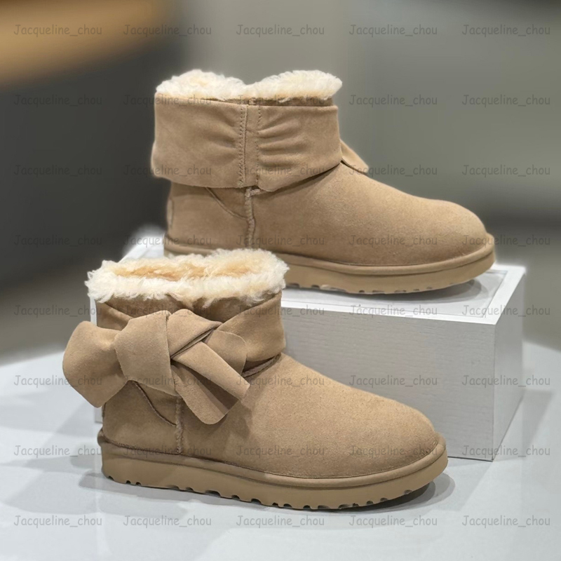 Women Classic Mini Bow Boots Designer Platform Slipper Bows Tazz Slippers Winter Snow Boot Genuine Leather Fur Slides Chestnut Sand Slip-on 35-44