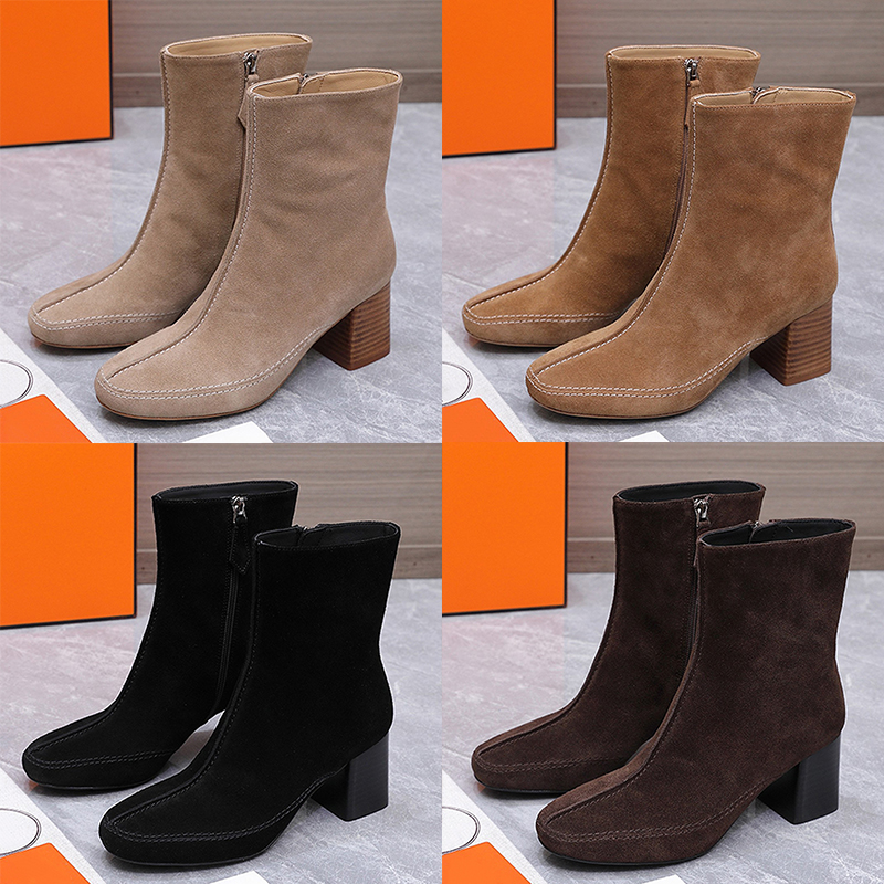 Womens Maureen 70 Ankle Boot Designer Suede Goatskin Contrasting Topstitching Chunky Heel Short Boots Luxury Side Zipper Square Toe Booties Leather