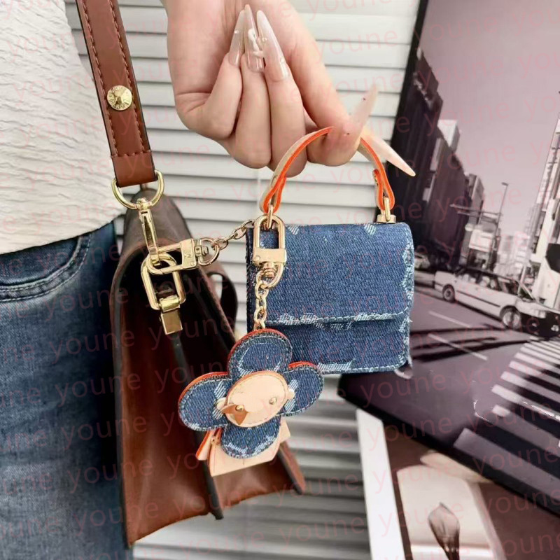 Designer Denim Mini Handbag Bag Charm with Vivie Sunflower Doll Pendant, Portable Card Holder Wallet Earphone Storage Pouch Keychain for Handbag Dec