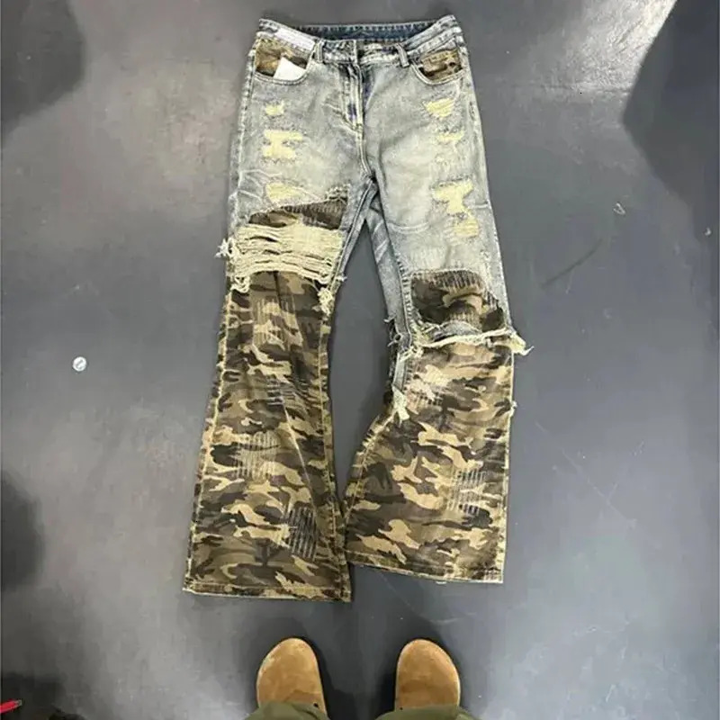 Men Jeans American Hip Hop Y2k Clothes Vintage Camo trousers Patchwork Jeans Mens Casual Straight Leg Pants Clothes Denim Pants