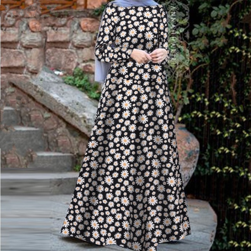 (129) New Style Pullover Loose Round Neck Daisy Long Sleeve Printed Mid-length Dress