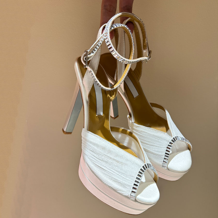 Top quality new crystal Lace mesh Ankle-Strap Platform heel sandals chunky block heel dress shoes womens Super luxury designer High-heels Evening We