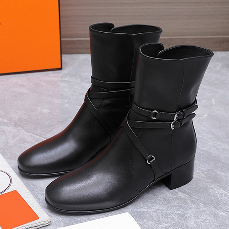 Womens Nancy 35 Ankle Boot Designer Box Calfskin Interlaced Silhouette High Heel Short Boots Luxury Stainless Steel Buckle Round Toes Booties Leathe