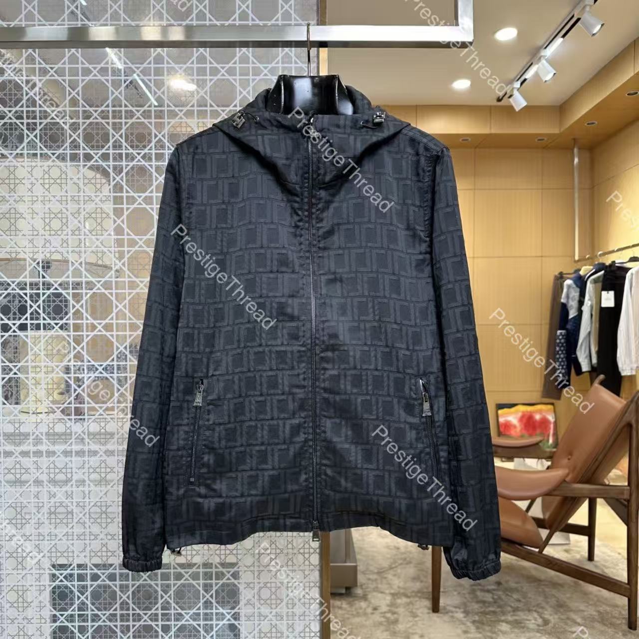 26FW Jacquard Nylon Zip-Up Hoodie Jacket by Designer Men's Jackets, Double F All-Over Print Windbreaker