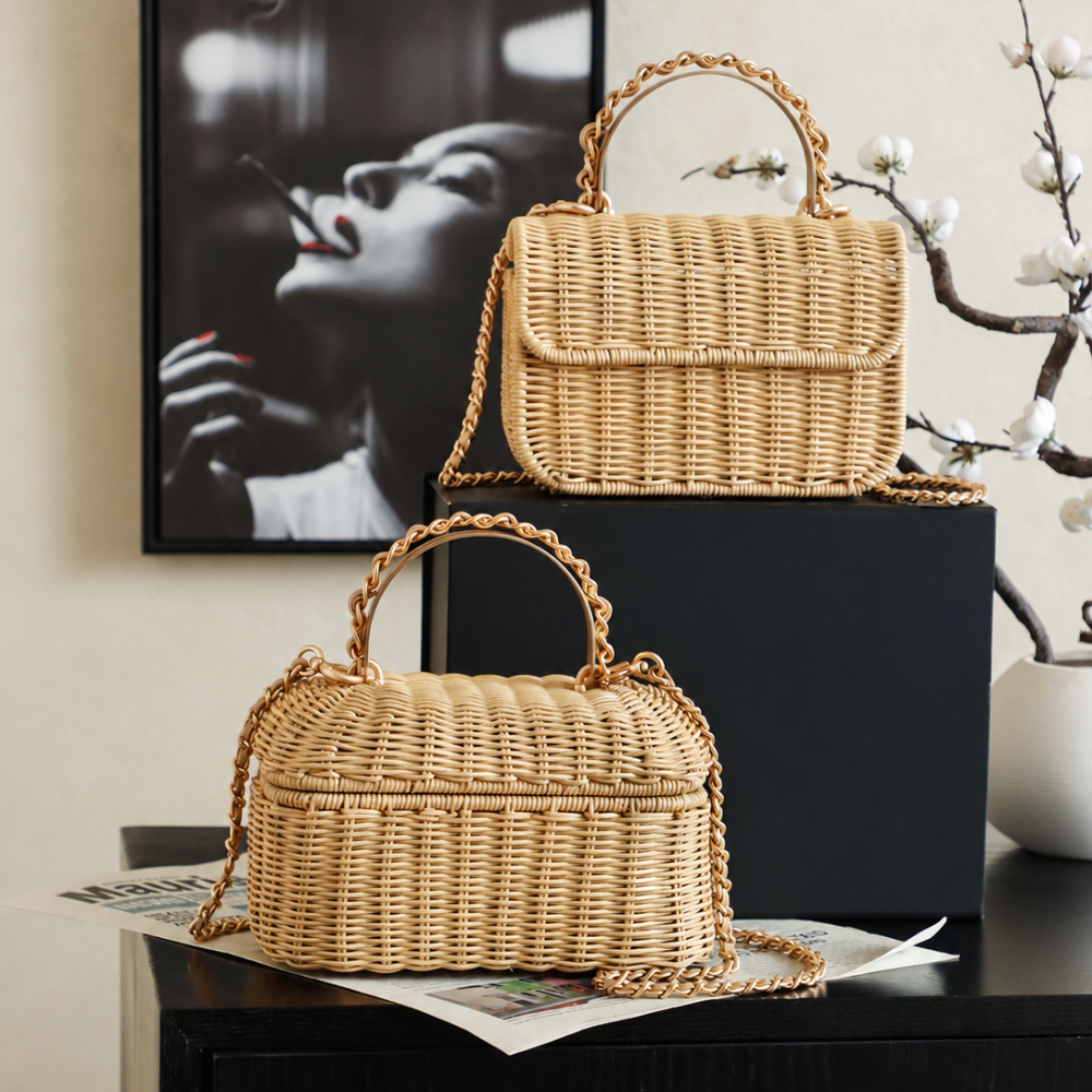 Designer Bag 26C Series Handcrafted Rattan Woven Top Handle Bag Gold Hardware Leather Woven Chain Strap Beach Vacation Crossbody Purse