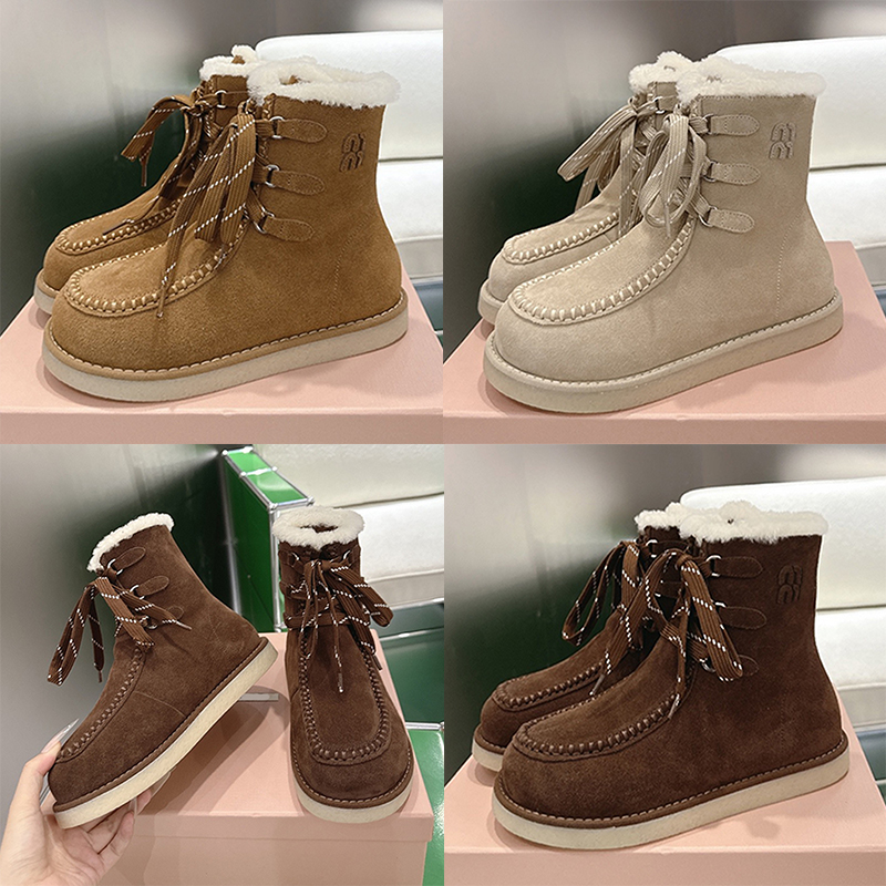 Womens Shearling Lining Suede Booties Designer Round Toes Ankle Boots 5U769E Luxury Metal D Rings Sporty Laces Short Boots Rubber Sole Boot Leg Heig
