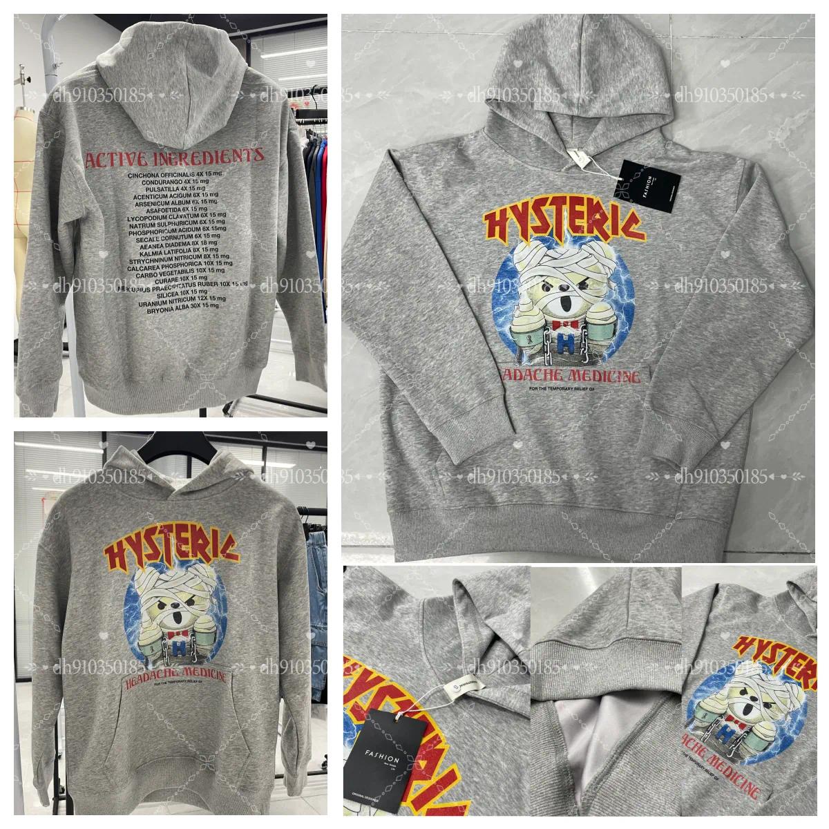 Men's Hoodies Japanese-style Hysteric Glamour Bear-print Hooded Gray Sweatshirt Cotton Hip-hop Punk School Starts Clothing For Men Arrival