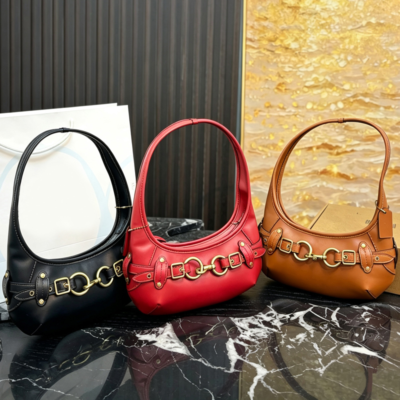 HOSO bag Ergo bag Women Vintage Motorcycle Hobo Underarm Bag Retro Metal Buckle Crescent Shoulder Bag Fashion Leather Daily Commute Handbags Ladies