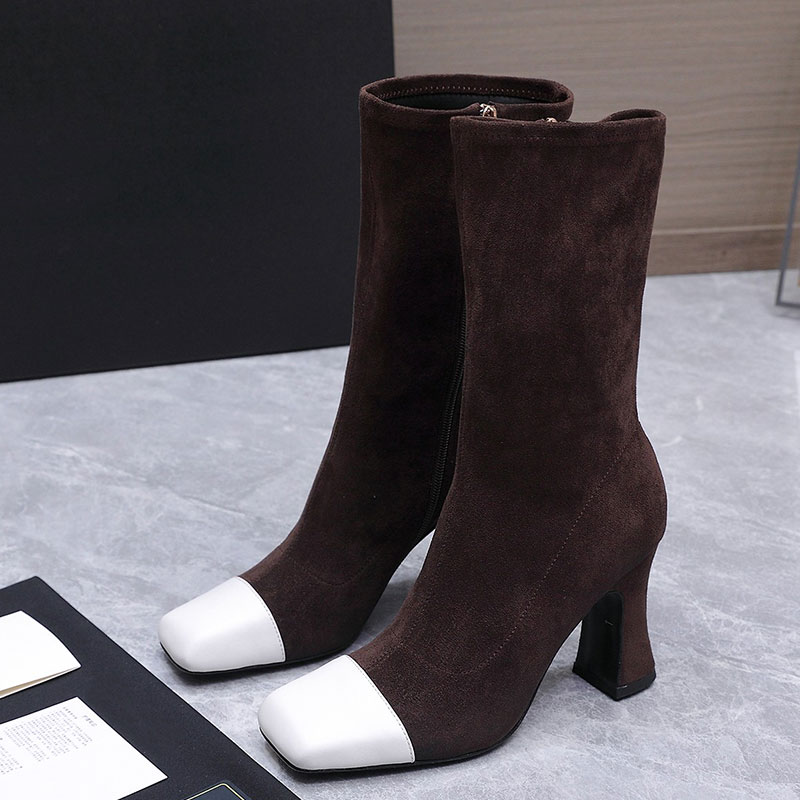 Womens Stretch Suede Lambskin Ankle Boots Designer Business Side Zipper High Heels Boot Ladie Fashion Boots Leather Outsole Lambskin BrownSizes 35 4