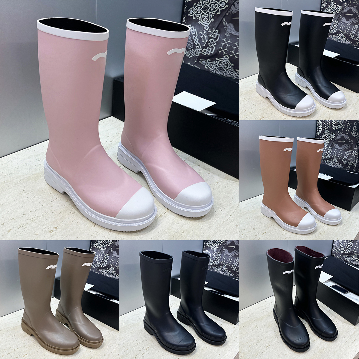 Designer Boots Luxury Women Knee High Rain Boots White CC Logo Black Rubber Waterproof Tall Wellies Round Toe Platform Fashion Rain Shoes For Out