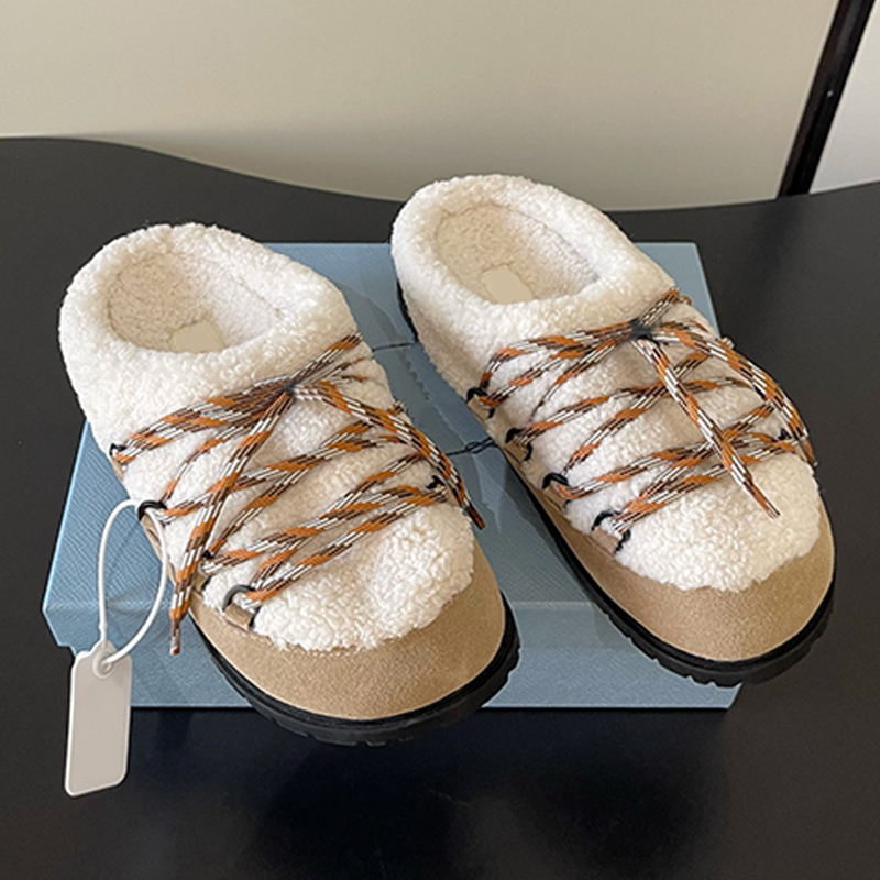 Womens Suede And Shearling Mules Designers Shearling Lining Crisscross Cords Boken Shoe Luxury Round Toes Slip On Snow Slides Shearling Lining Rubbe