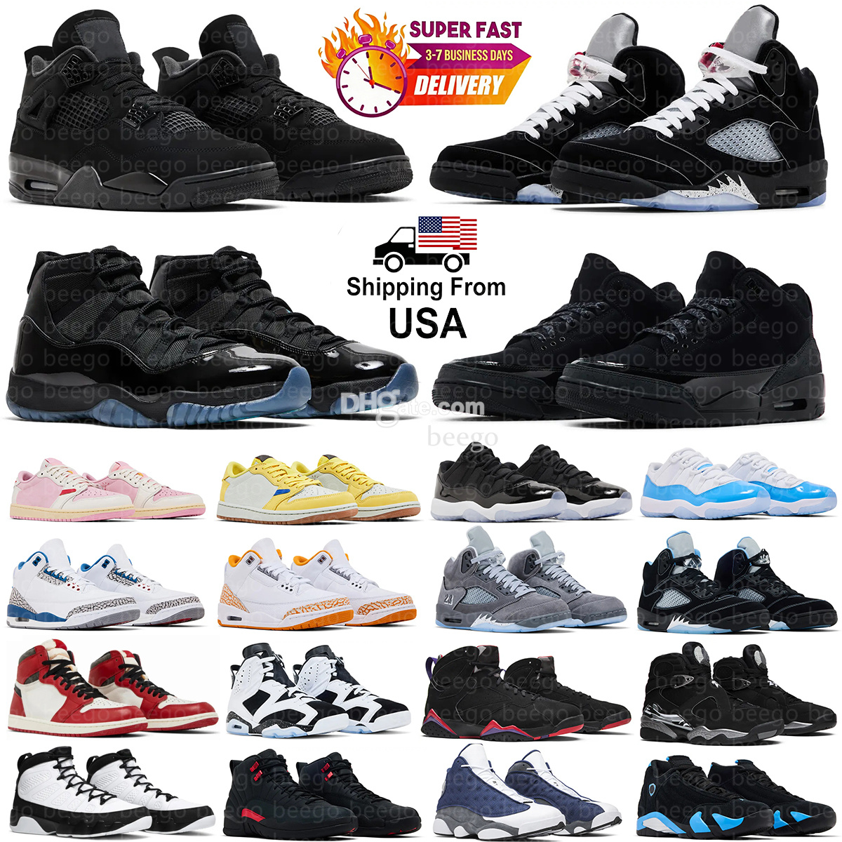 Chaussures de basket-ball de créateurs 3s Black Cat 4s Noir Métallique 5s Oreo 6s Playoffs 7s 8s 9s Space Jam Gamma Blue 11s Bloodline 12 Flint 1