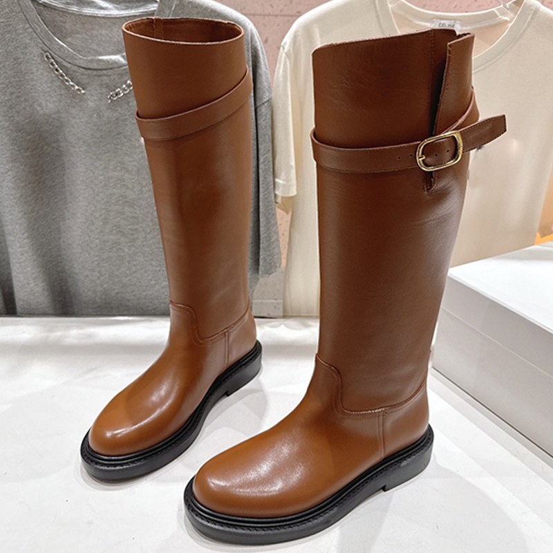 Ladies Retro Knee High Boots Smooth Cowhide Round Head Boots Thick Sole Rubber Anti-Slip Shoe Sole Autumn Winter Leisure Collocation