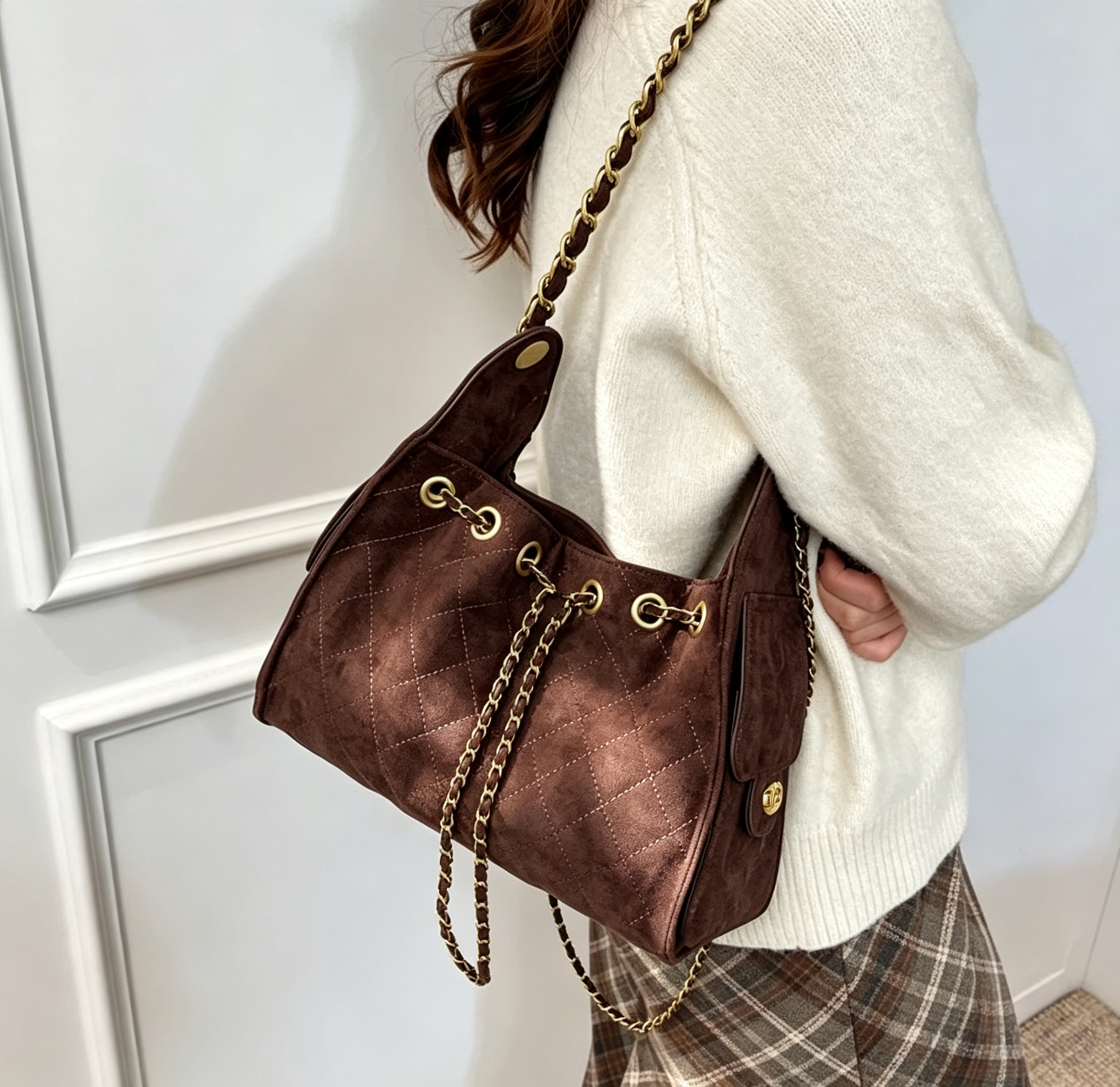 Suede Quilted Bucket Bag for Women, Vintage Chain Shoulder Crossbody Purse, Large Capacity Soft Underarm Handbag for Daily Travel