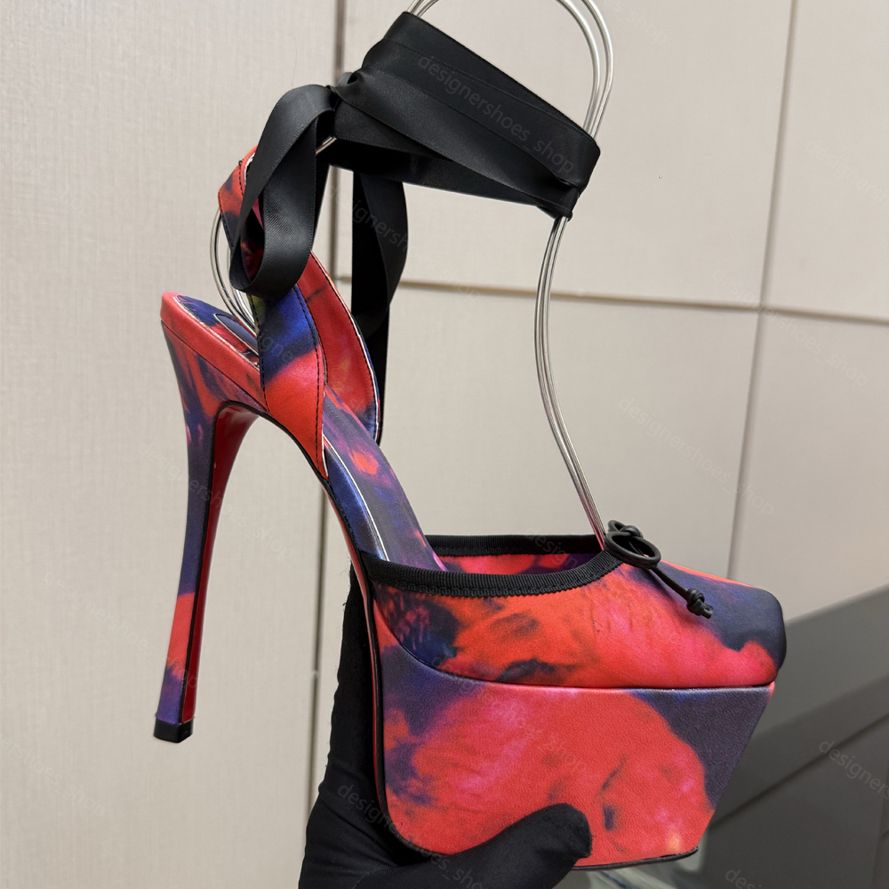 Women Satin Platform Stiletto Sandals Square Toe Front Bow Ankle Wrap Ribbon Tie High Heels Elegant Wedding Banquet Footwear Designer Luxury size 35