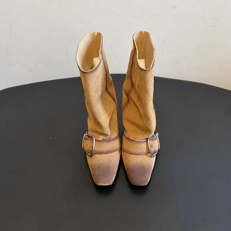 Designer Women Western Slouch Mid Calf Boots, Vintage Washed Suede With Metal Buckle, Square Toe Chunky Heel Boots for Autumn Daily Wear