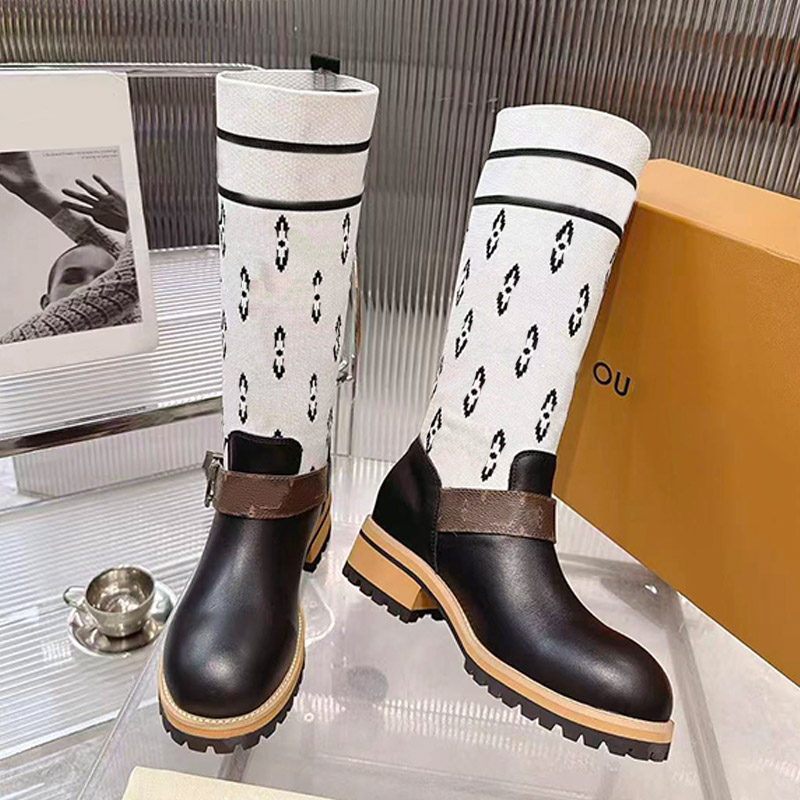 Fashion Womens Knitted Long Boots Splicing Design High Quality Printing Design Ladies Winter Warm Motorcycle Boots