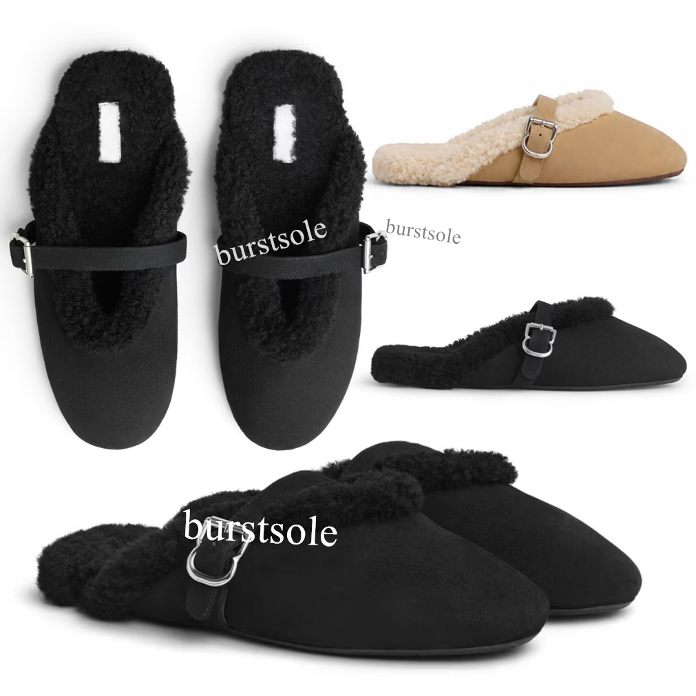 Plush Slippers Designer Fur Slides Furry Mules in Merino Shearling fashion fur Flat Shoes winter Sheepskin womens boston slide