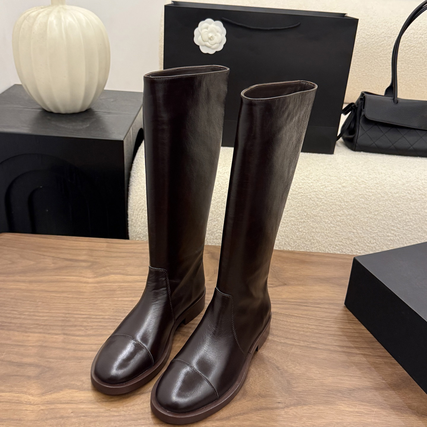 Womens Knee High Boots Solid Brown Leather Tall Boots Round Toe Slip On Low Heel Footwear for Street Party Occasions