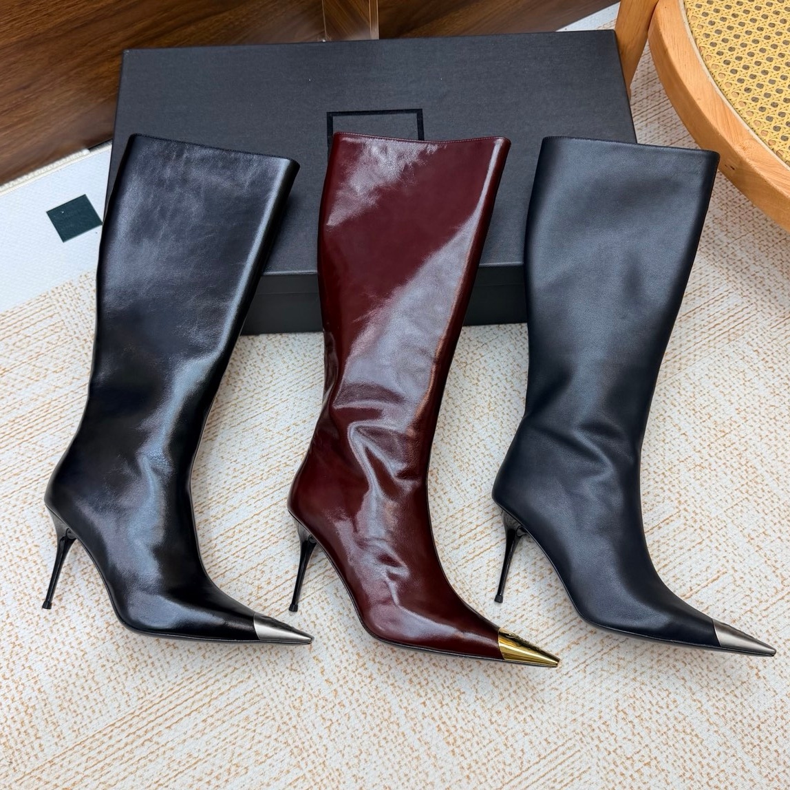 Luxury Knee Boots silver gold Metal pointed Ankle Boot high heels for women Leather Designer Boots Top Kitten boots Combat booties Lady Party Busine