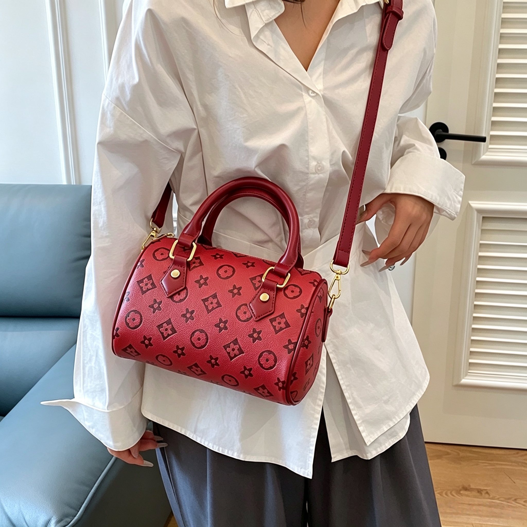 Designer Bags 2026 TrendsRetro Printed Top Handle Bag for Women Soft PU Leather Cylindrical Boston Purse Detachable Strap Shoulder Crossbody Handbag