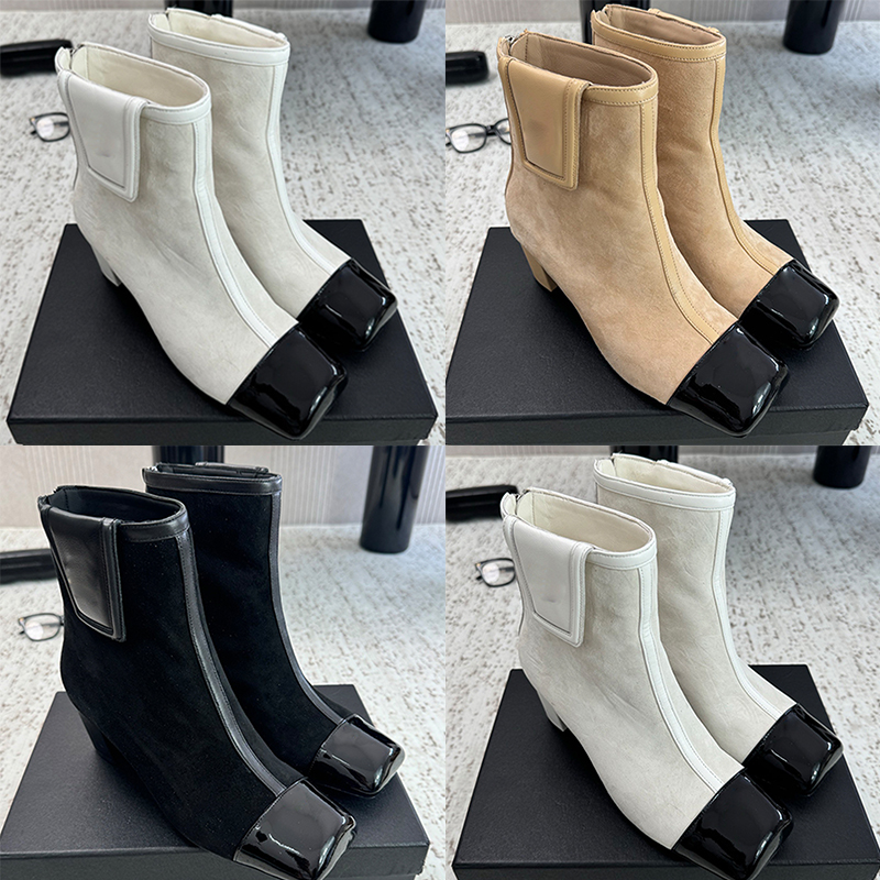 Botas elegantes con puntera de bloques de color para mujer, botines de gamuza empalmados, cremallera lateral minimalista, botines adecuados para ban