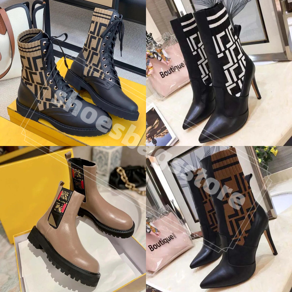 boots designer womens Genuine Leather Version~Autumn Winter with FF Letter Round Toe Chunky Heel Martin Casual Stretch Sock Mid-Calf boots 62