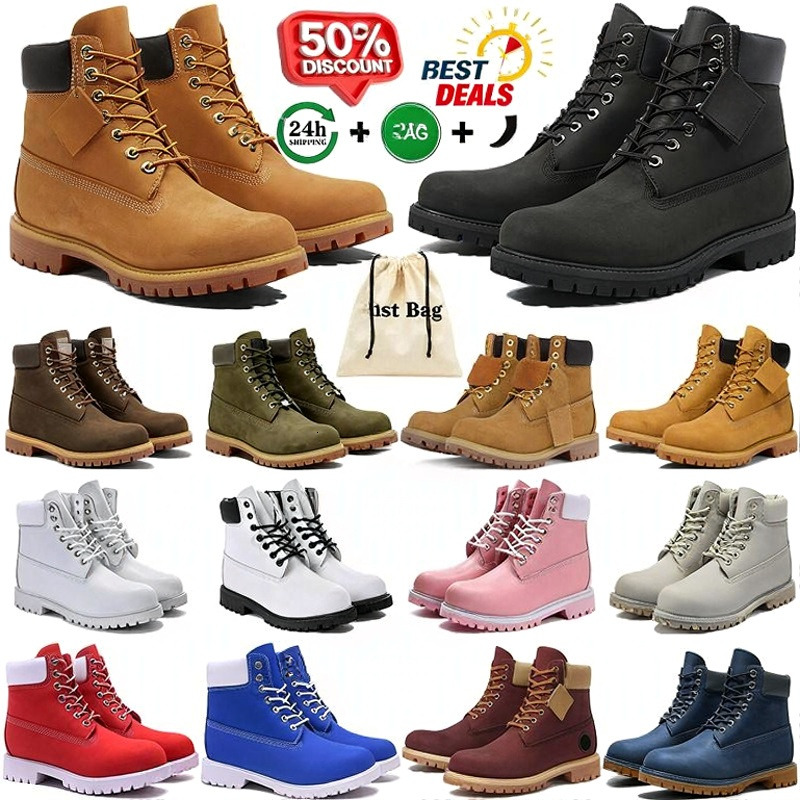 Designer martin booties mens womens khaki nubuck leather Tims snow hightop work boots winter Autumn Lace up bottes botte Thick rubber outsole durabl