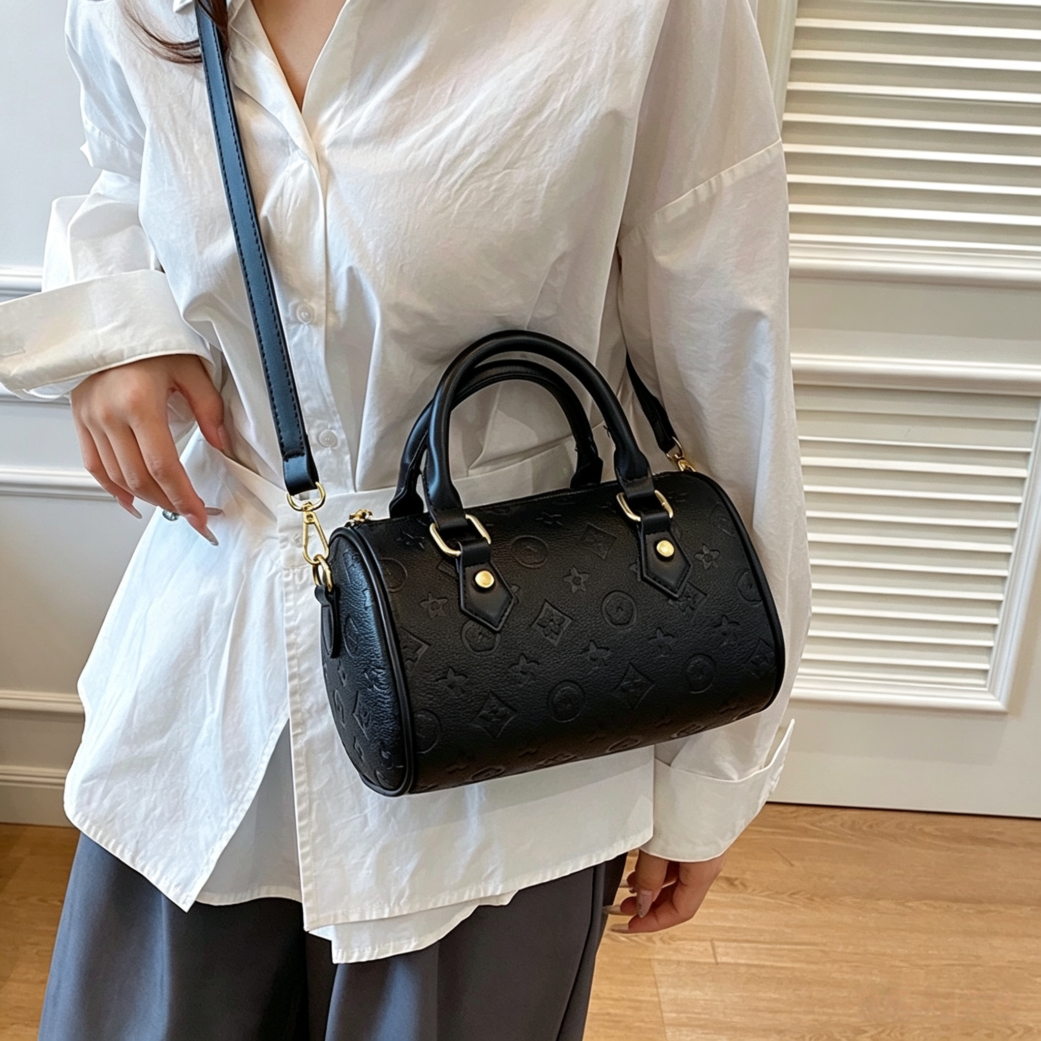 Designer bag TrendsRetro Printed Top Handle Bag for Women Soft PU Leather Cylindrical Boston Purse Detachable Strap Shoulder Crossbody Handbag